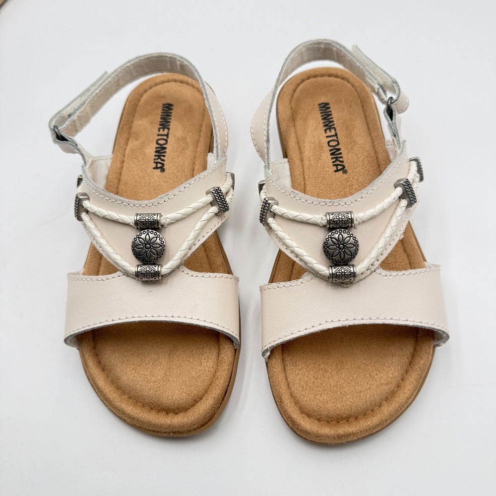 Minnetonka Ingrid White Leather Wedge Sandals Women's 5W Wide Braided Concho
